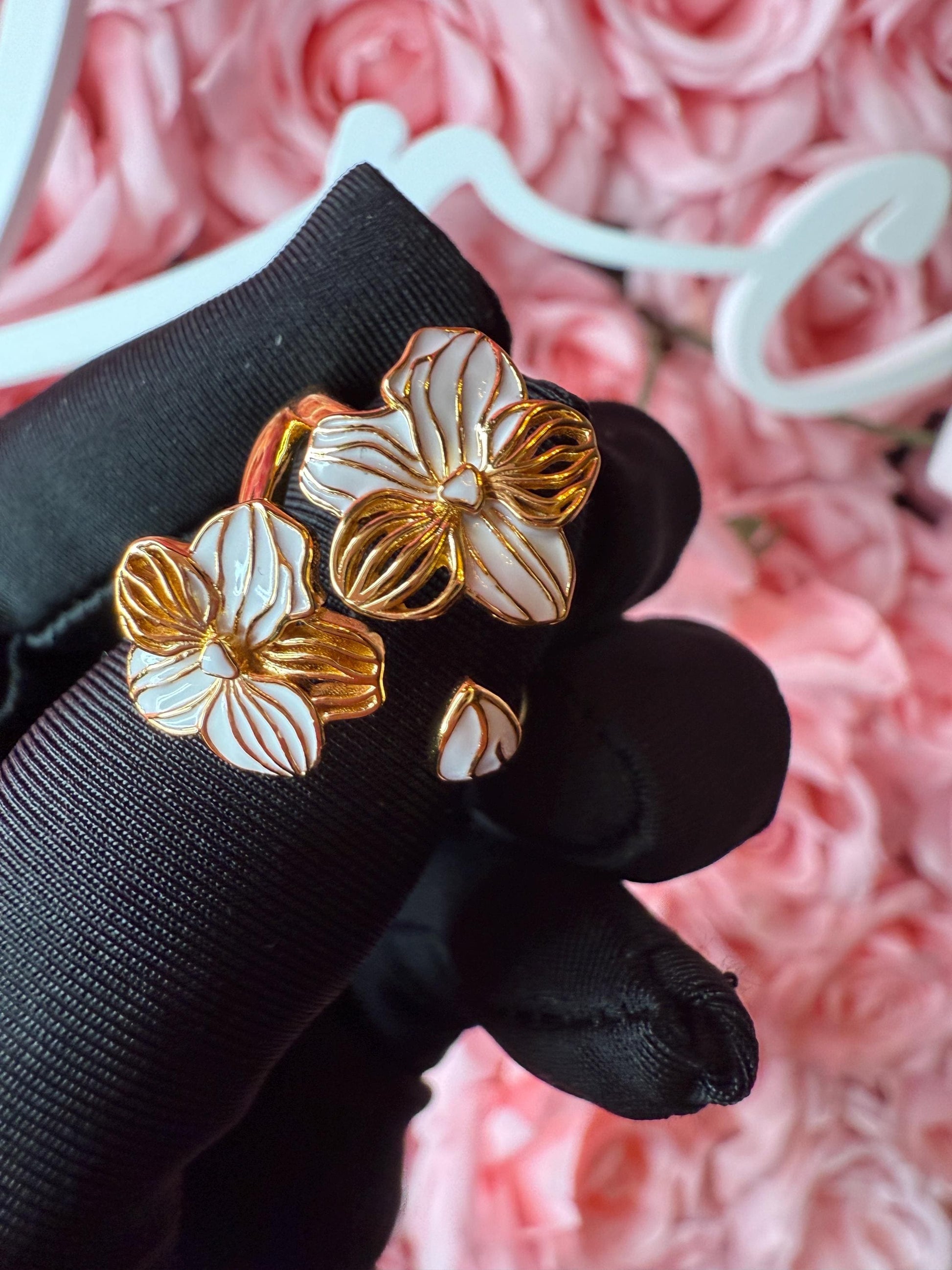 Double Vanda Orchid Flower Ring: Orchid Statement Ring Vanda Gold Orchid Ring • Orchid Silver Floral Ring • White