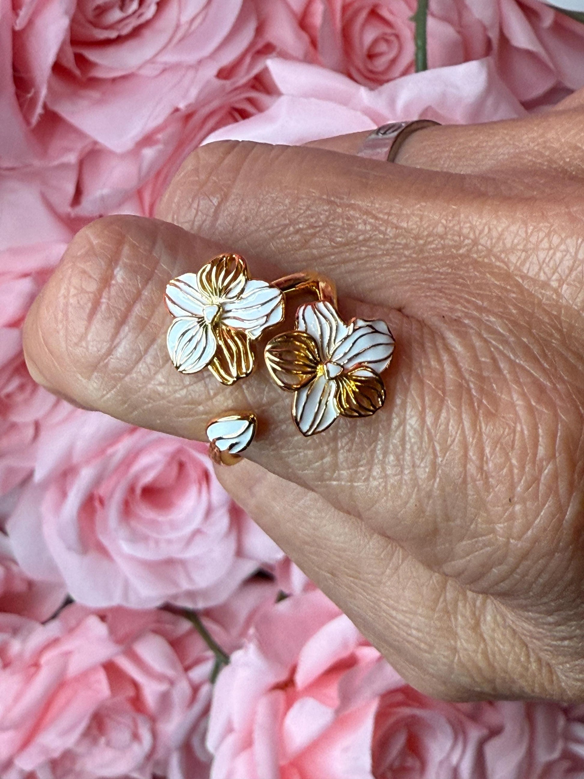 Double Vanda Orchid Flower Ring: Orchid Statement Ring Vanda Gold Orchid Ring • Orchid Silver Floral Ring • White