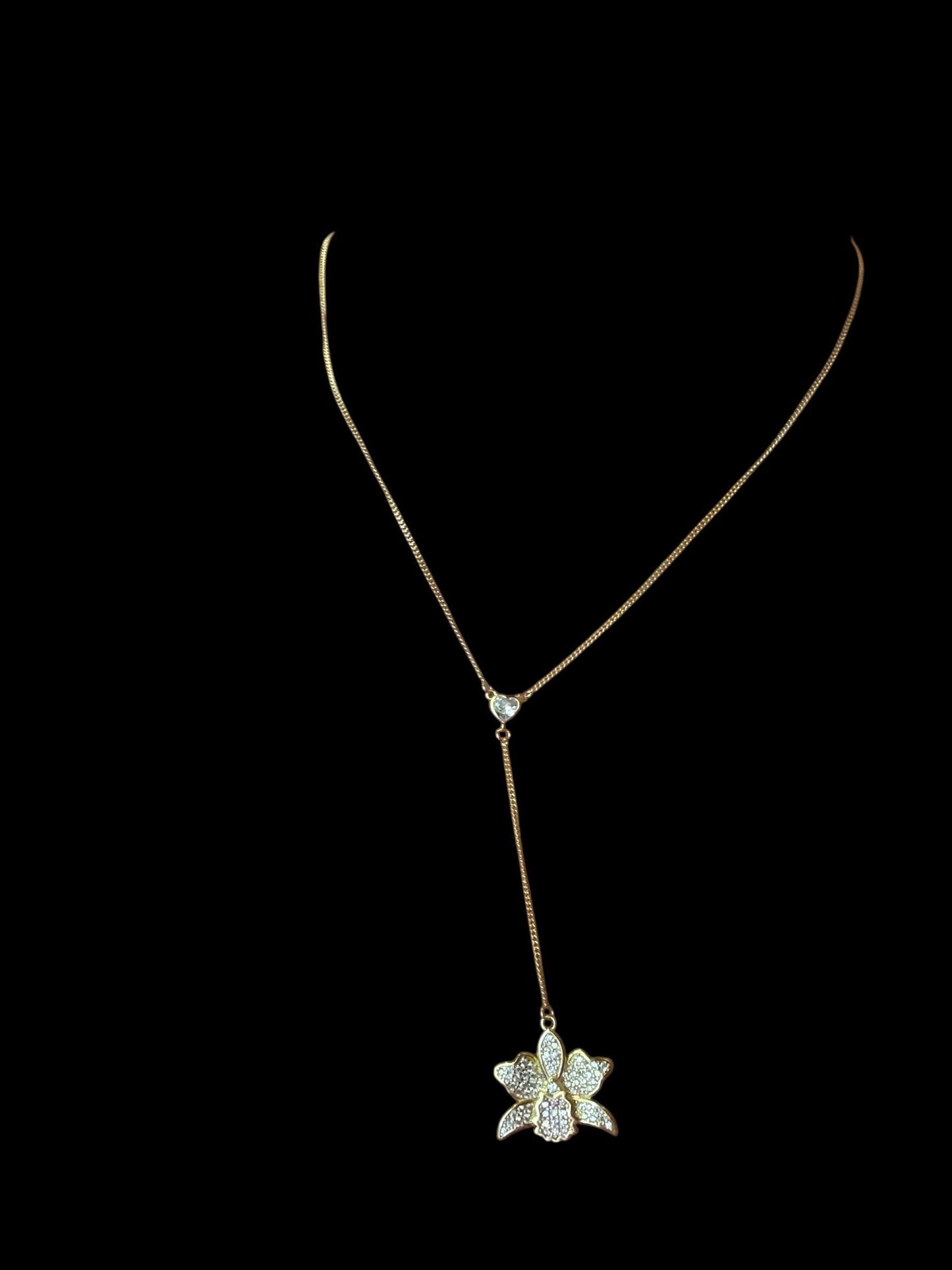 Shimmer Me Cattleya Necklace, Dainty Adjustable Y-Chain Choker, Heart Zircon Drop, White Pink Orchid Pendant Flower • Orchid Jewelry