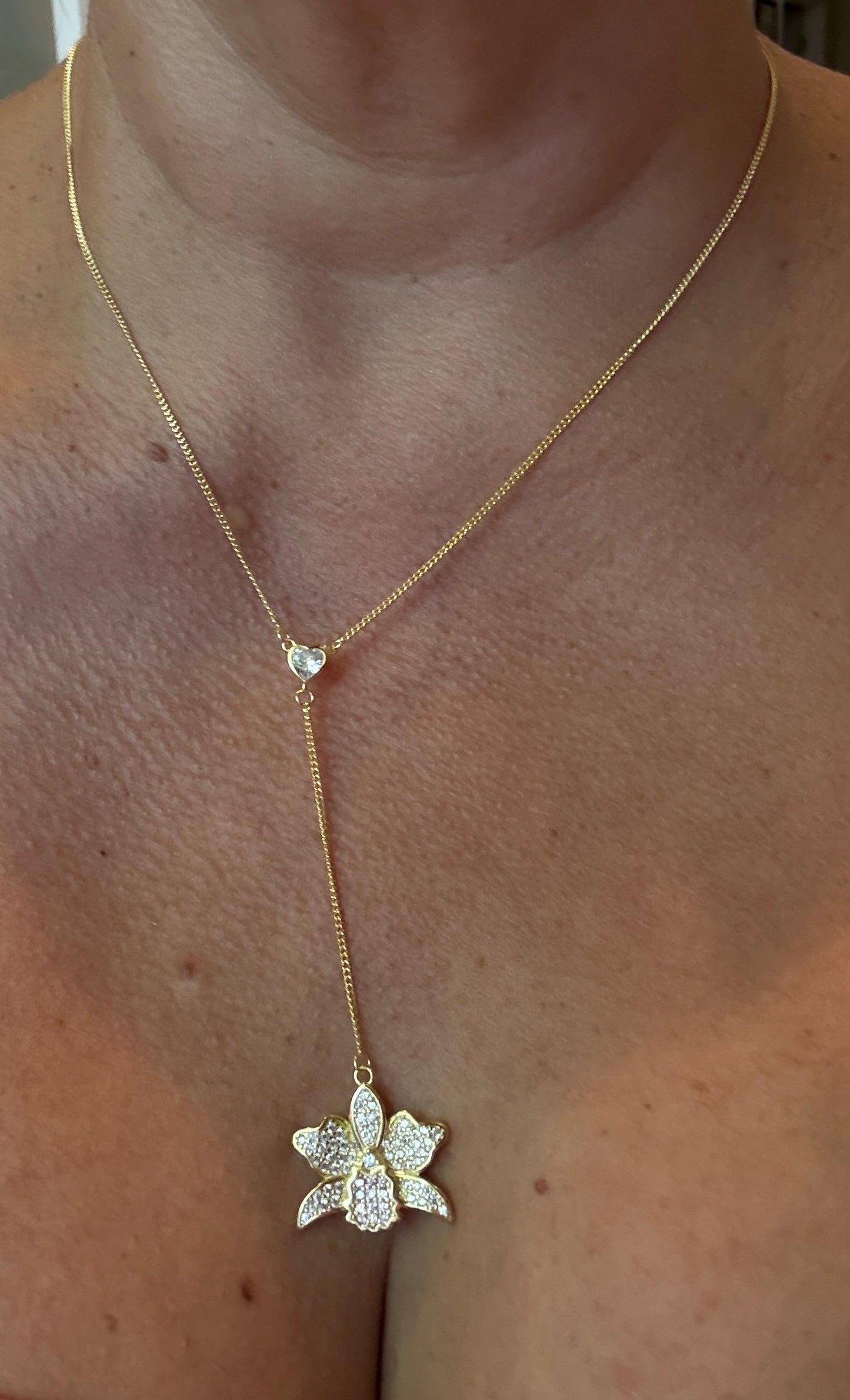 Shimmer Me Cattleya Necklace, Dainty Adjustable Y-Chain Choker, Heart Zircon Drop, White Pink Orchid Pendant Flower • Orchid Jewelry
