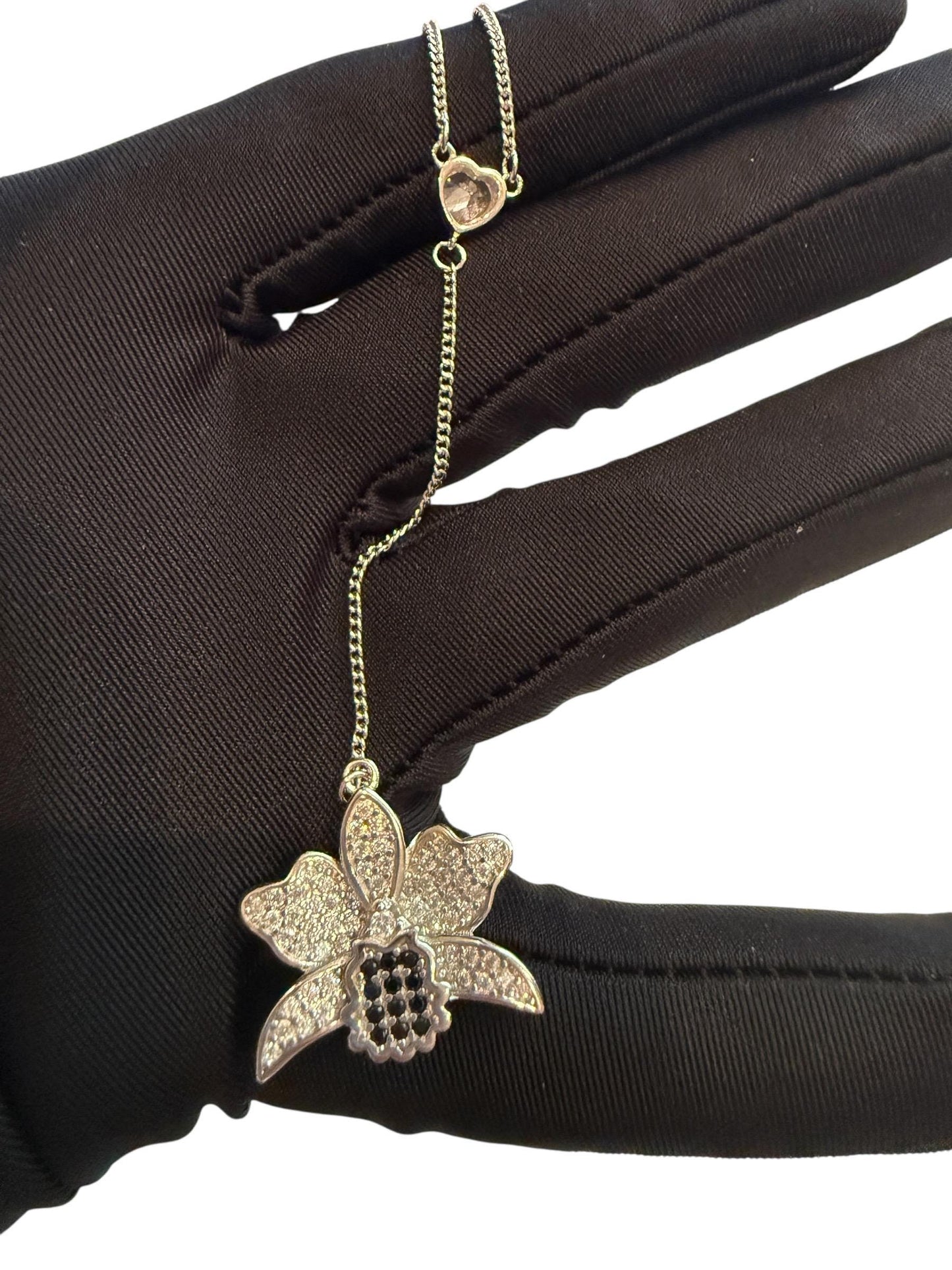 Shimmer Me Cattleya Necklace, Dainty Adjustable Y-Chain Choker, Heart Zircon Drop, Black and White Orchid Pendant Flower • Orchid Jewelry