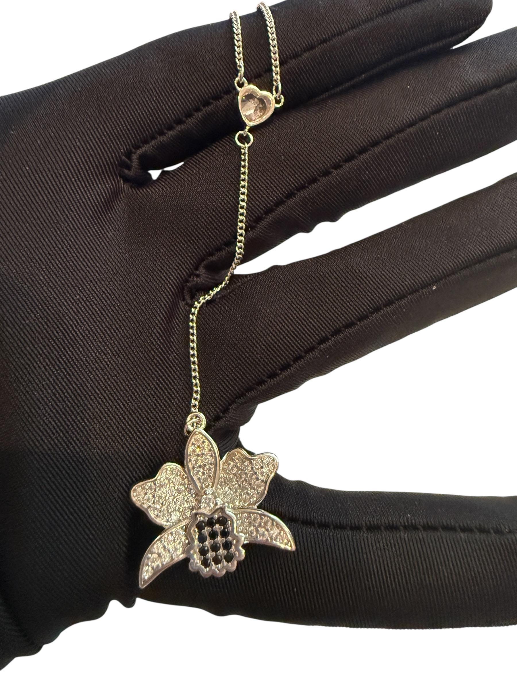 Shimmer Me Cattleya Necklace, Dainty Adjustable Y-Chain Choker, Heart Zircon Drop, Black and White Orchid Pendant Flower • Orchid Jewelry