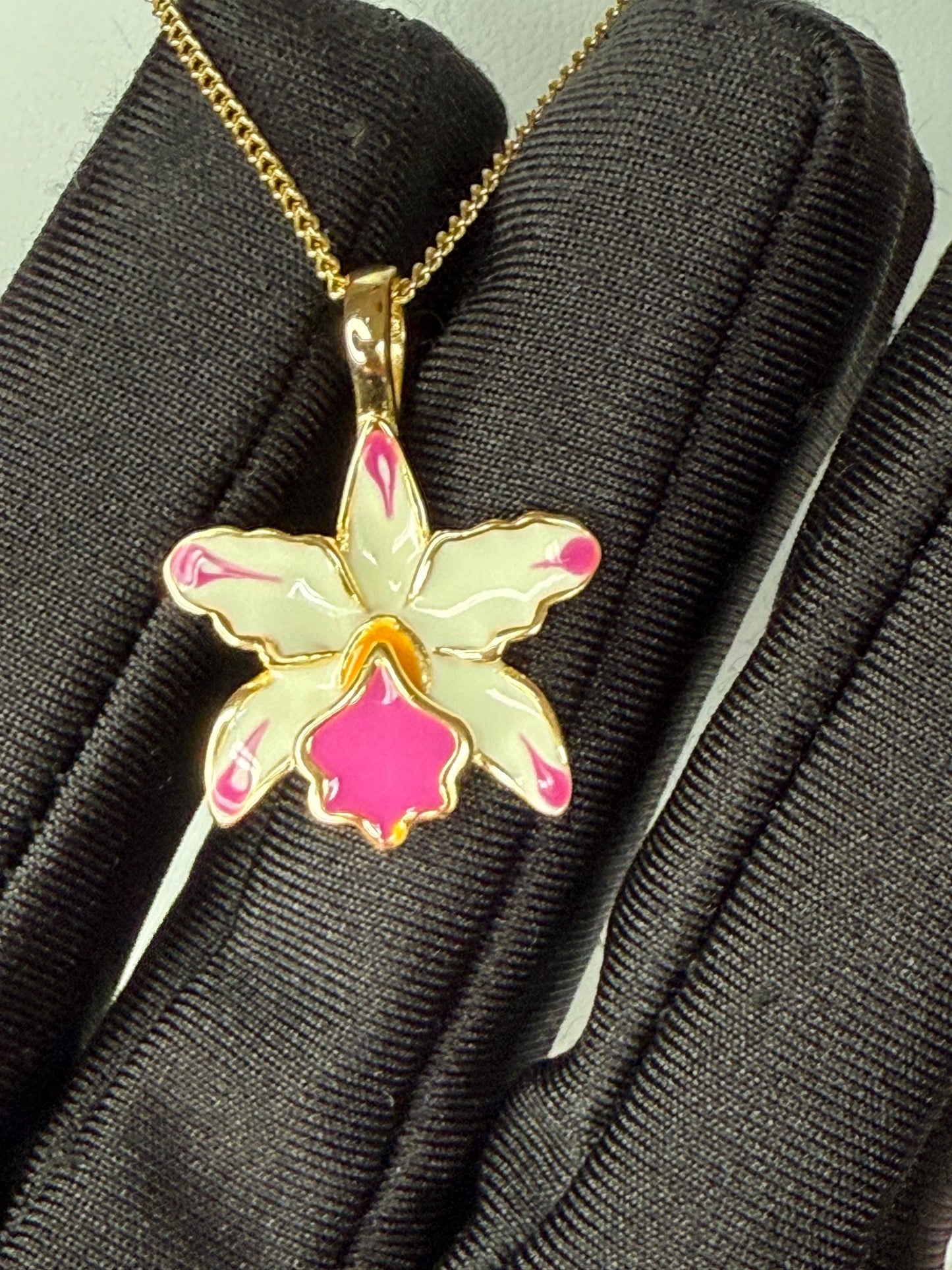 Cattleya Pink Splash Orchid Necklace • 14k Gold Orchid Choker Necklace • Orchid Pendant • La Colombiana Inspired Collection