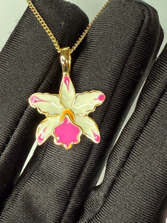 Cattleya Pink Splash Orchid Necklace • 14k Gold Orchid Choker Necklace • Orchid Pendant • La Colombiana Inspired Collection