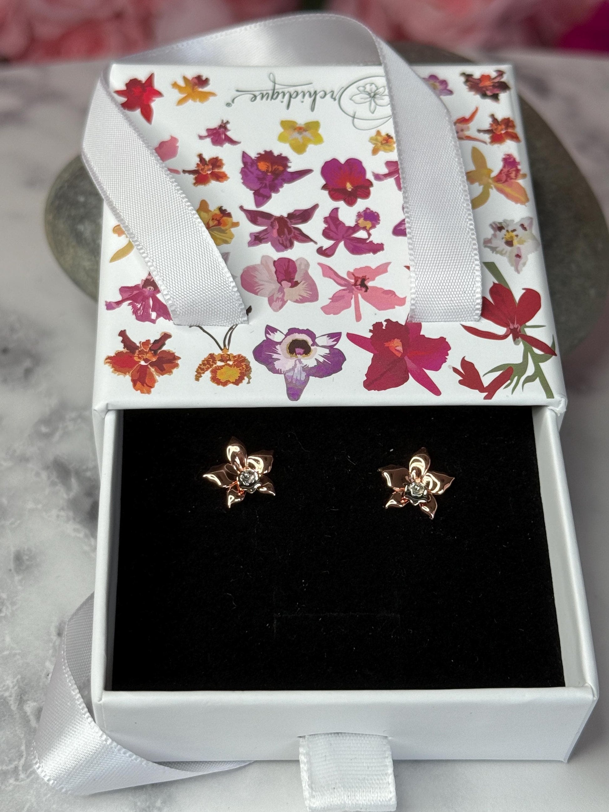 Rose Gold Orchid Earrings • Rose Gold Plated Orchid Studs • Elegant Flower Jewelry