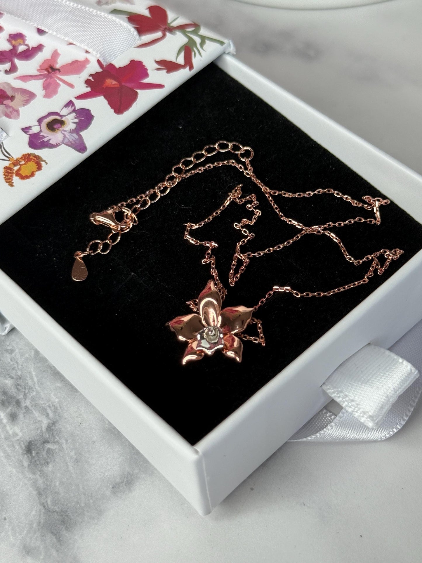 Rose Gold Orchid Necklace • Rose Gold Orchid Pendant • Elegant Flower Necklace