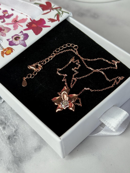 Rose Gold Orchid Necklace • Rose Gold Orchid Pendant • Elegant Flower Necklace