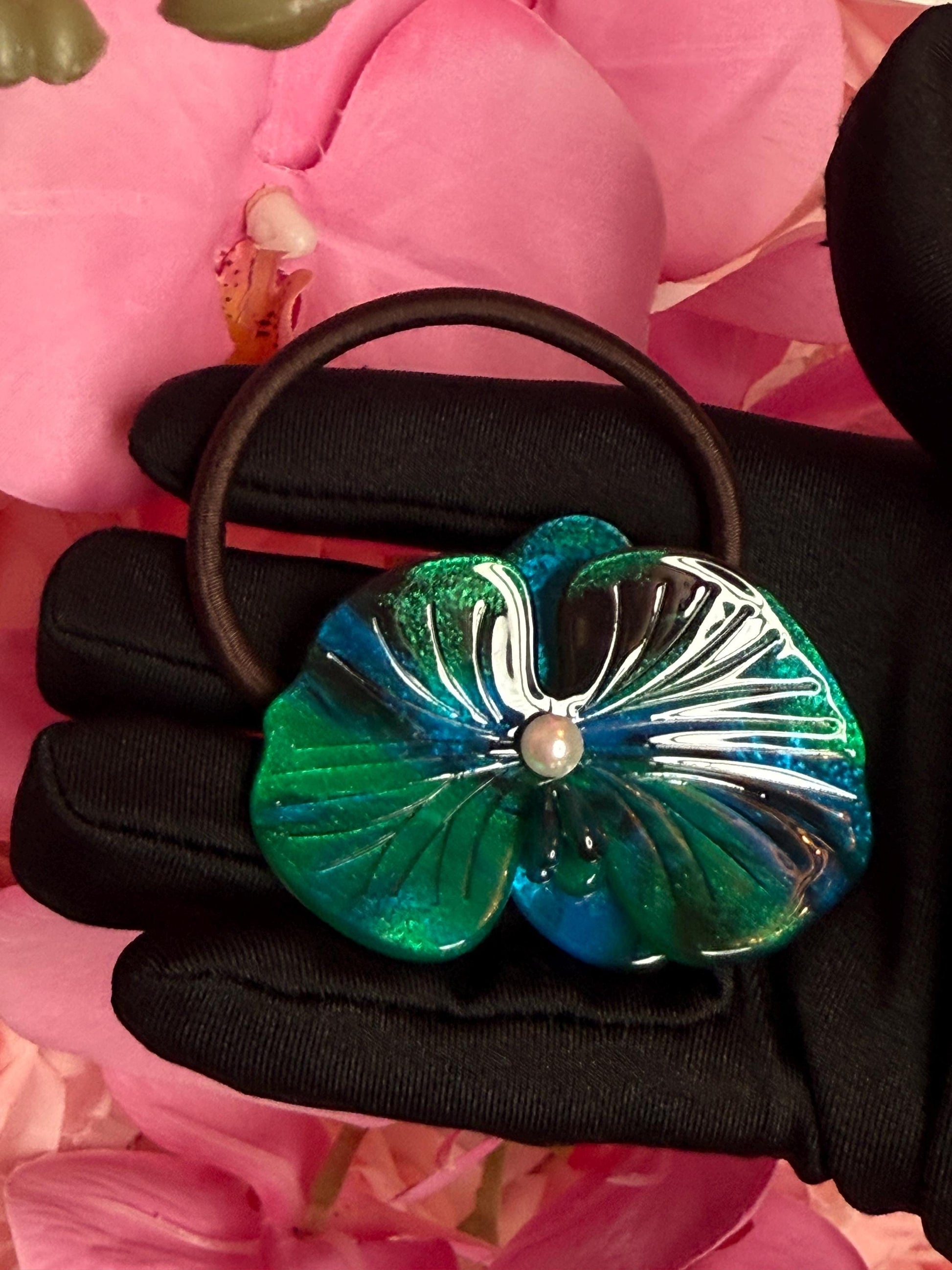 Orchid Hair Tie • Teal Orchid Hair Ponytail Holder • Wedding Hair Piece • Tropical Orchid Acetate Elastic
