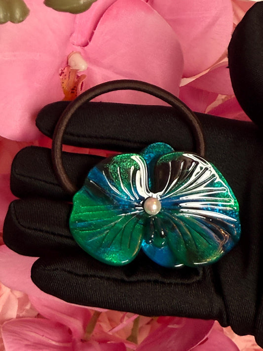 Orchid Hair Tie • Teal Orchid Hair Ponytail Holder • Wedding Hair Piece • Tropical Orchid Acetate Elastic