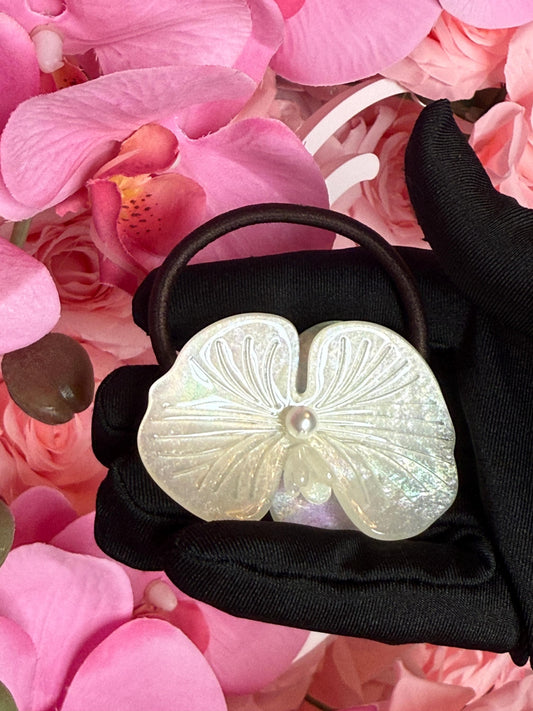 Orchid Hair Tie • White Iridescence Orchid Hair Ponytail Holder • Wedding Hair Piece • Tropical Orchid Acetate Elastic