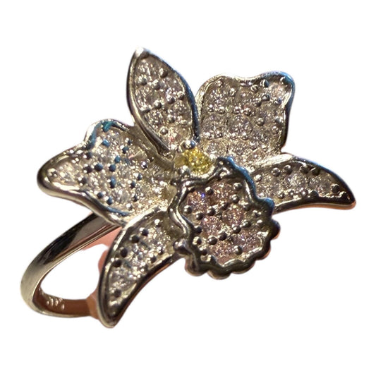 Shimmer Me Cattleya Ring • Gift for Her • All-Zircon White with Pink Detail Orchid Jewelry • White Gold Ring
