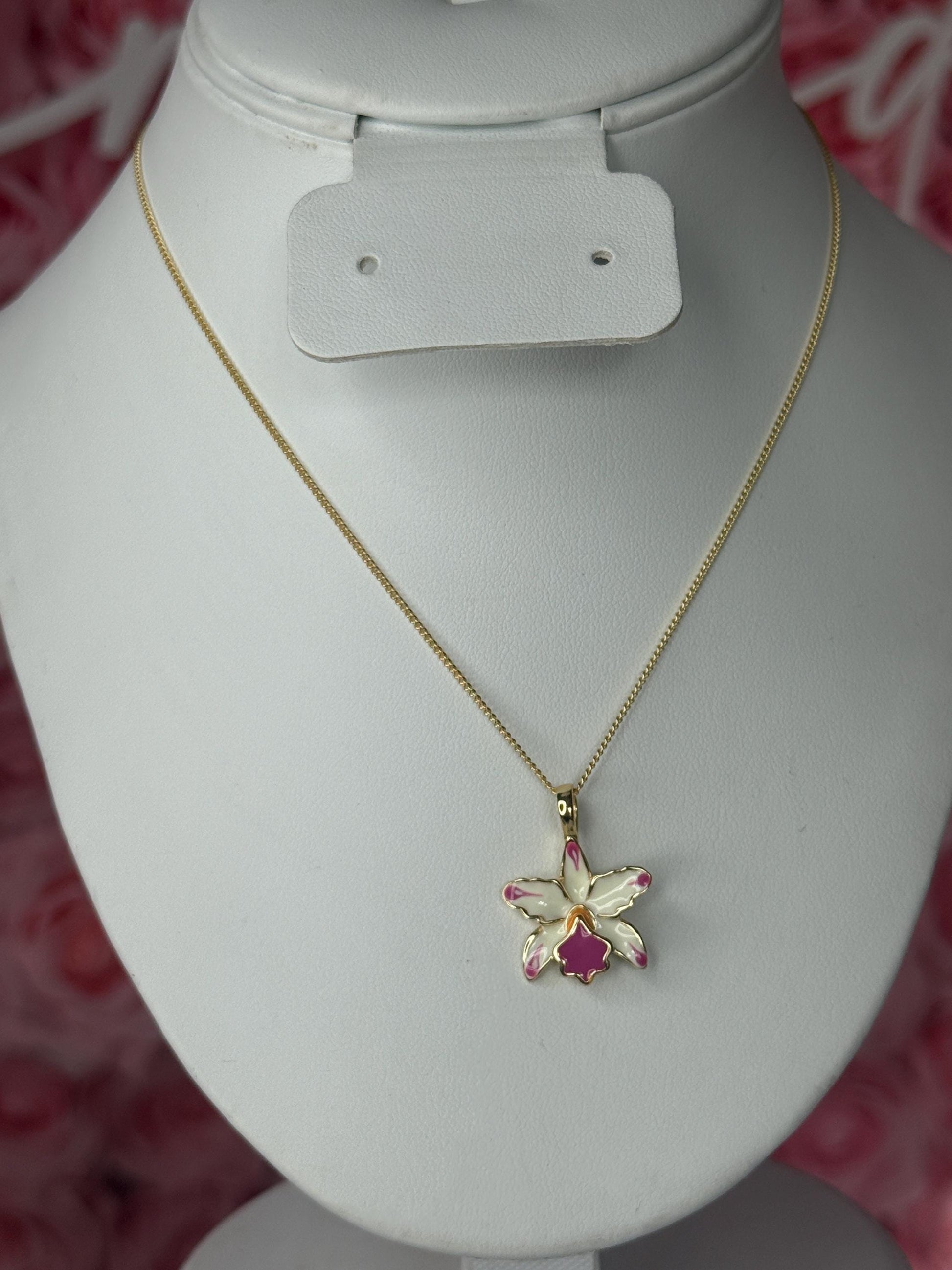 Cattleya Pink Splash Orchid Necklace • 14k Gold Orchid Choker Necklace • Orchid Pendant • La Colombiana Inspired Collection
