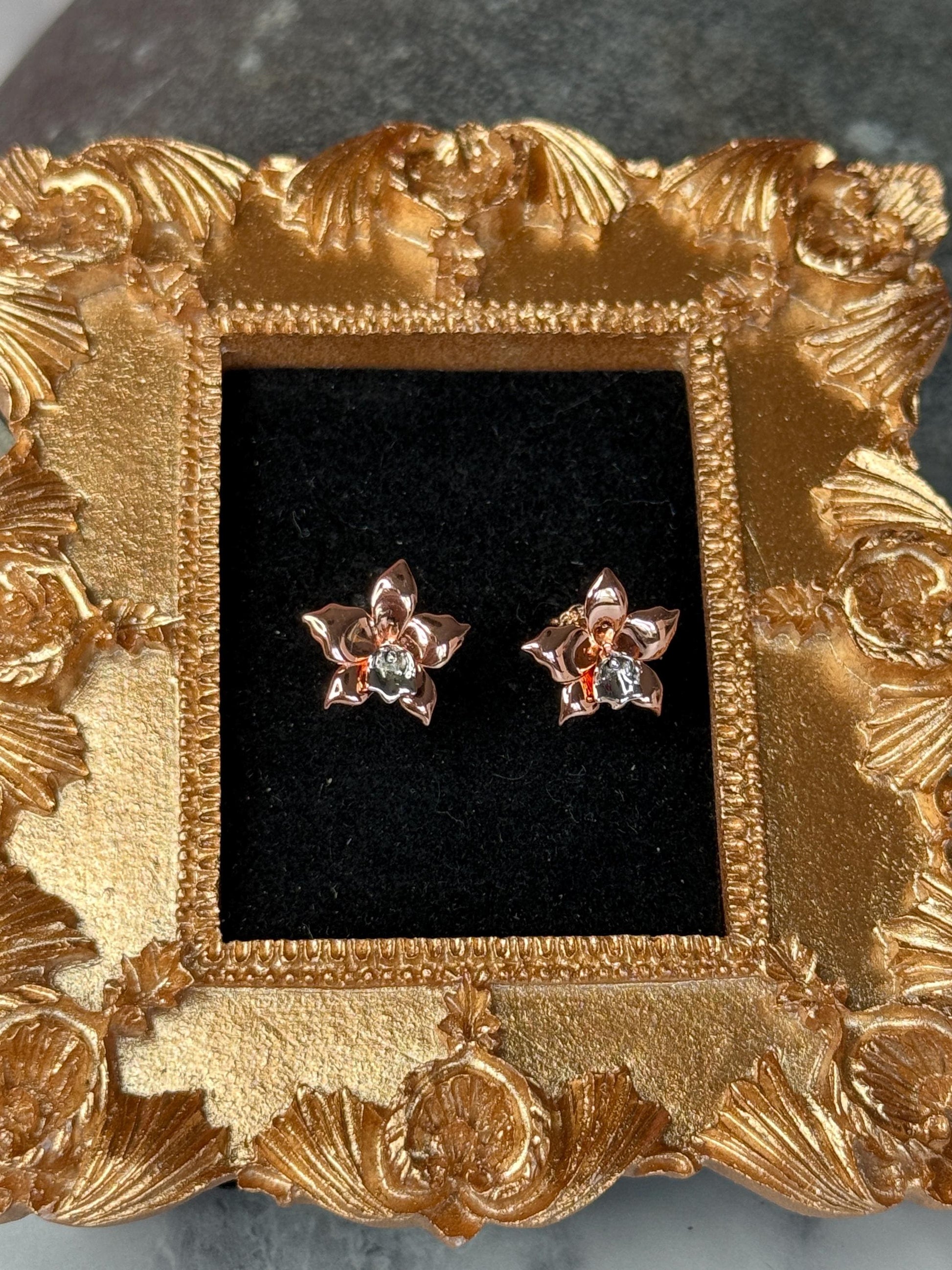 Rose Gold Orchid Earrings • Rose Gold Plated Orchid Studs • Elegant Flower Jewelry
