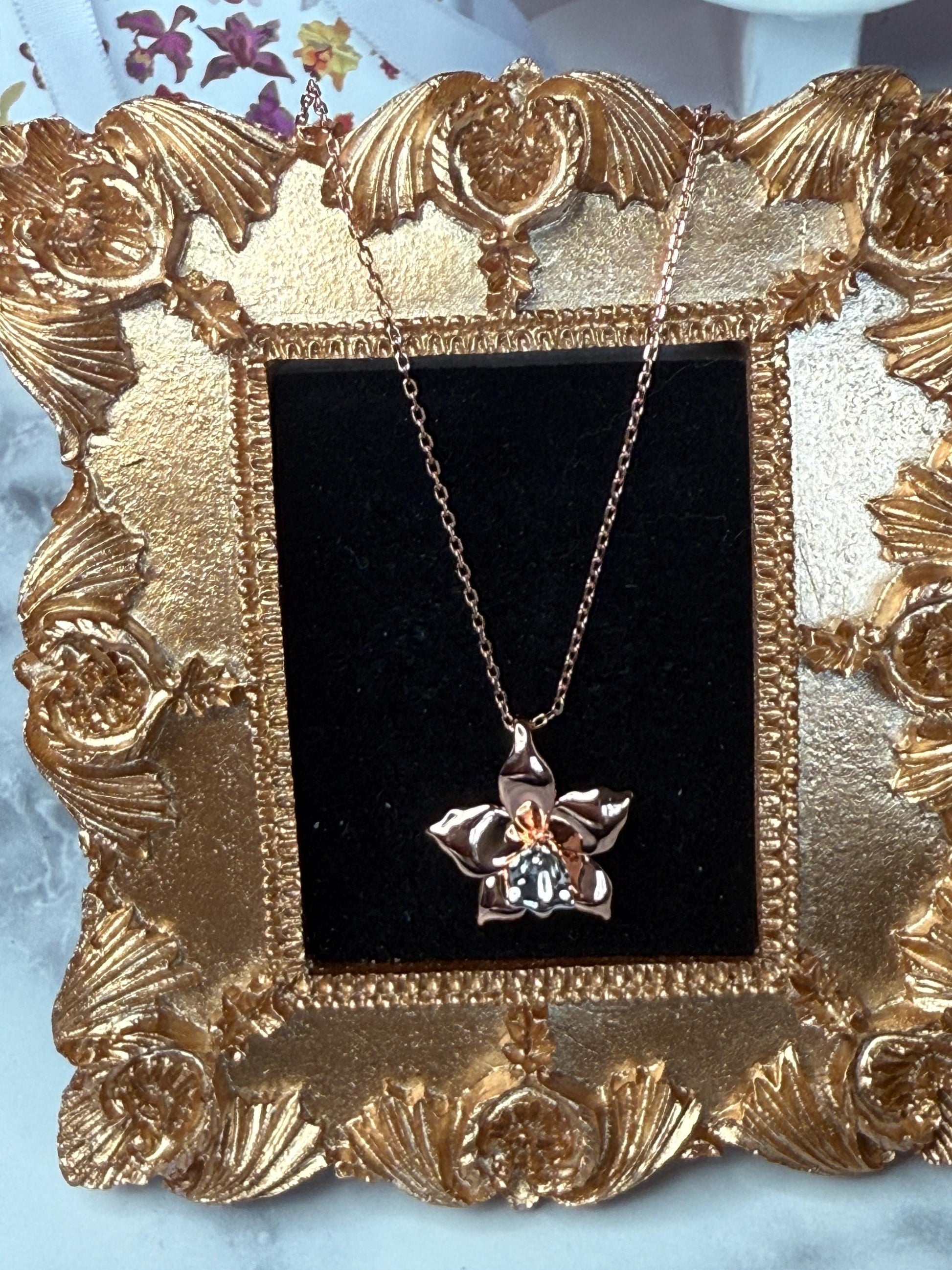 Rose Gold Orchid Necklace • Rose Gold Orchid Pendant • Elegant Flower Necklace