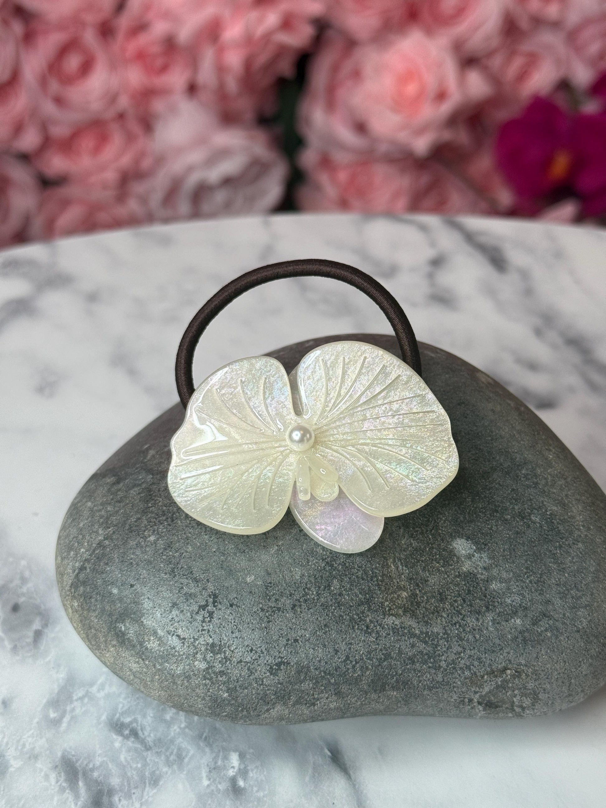 Orchid Hair Tie • White Iridescence Orchid Hair Ponytail Holder • Wedding Hair Piece • Tropical Orchid Acetate Elastic