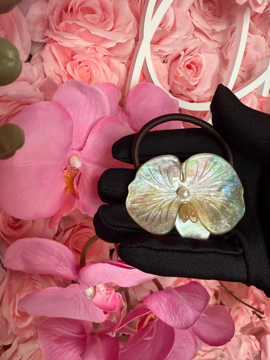 Orchid Hair Tie • Nude Iridescence Orchid Hair Ponytail Holder • Wedding Hair Piece • Tropical Orchid Acetate Elastic