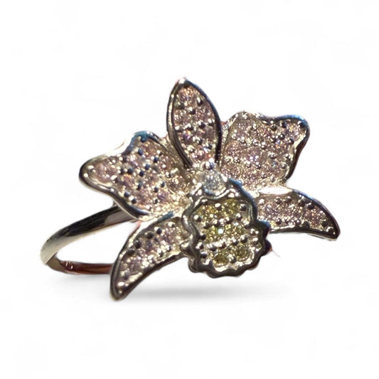 Shimmer Me Cattleya Ring • Gift for Her • All-Zircon Pink Orchid Jewelry • White Gold Ring