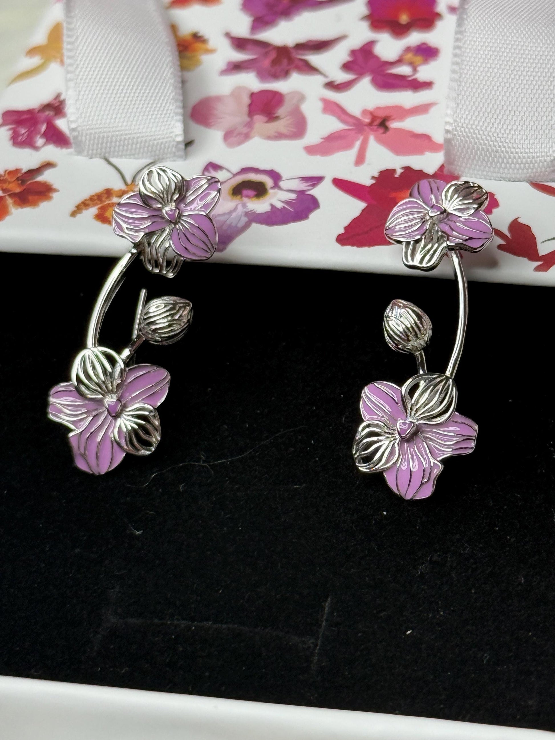 Purple Vanda Orchid Climber Earrings, Sterling Silver Ear Crawlers, Floral Vine Jewelry