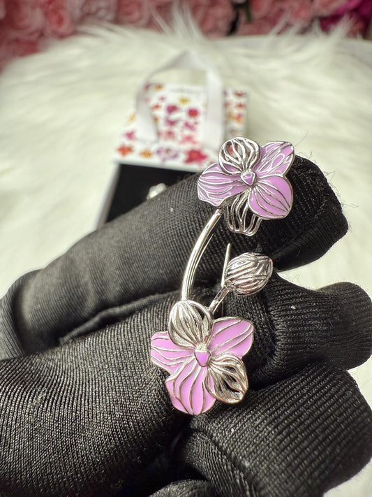 Purple Vanda Orchid Climber Earrings, Sterling Silver Ear Crawlers, Floral Vine Jewelry