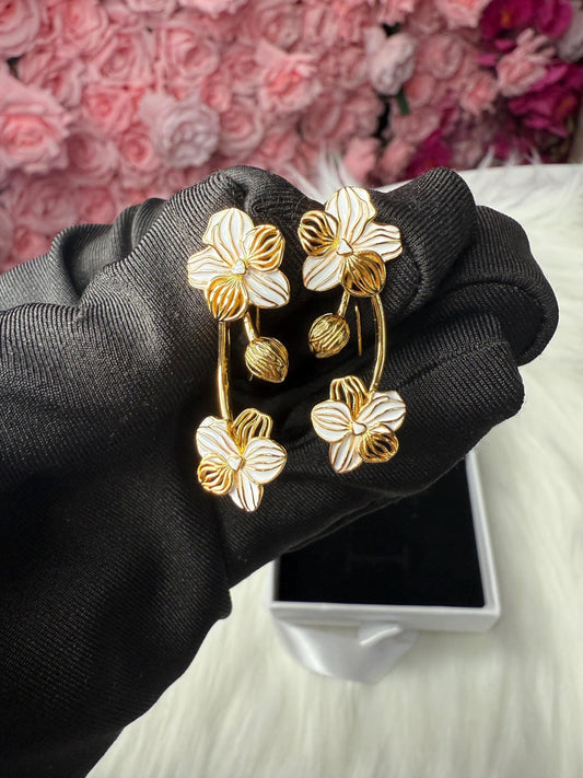 White Vanda Orchid Climber Earrings, Sterling Silver Ear Crawlers, Floral Vine Jewelry