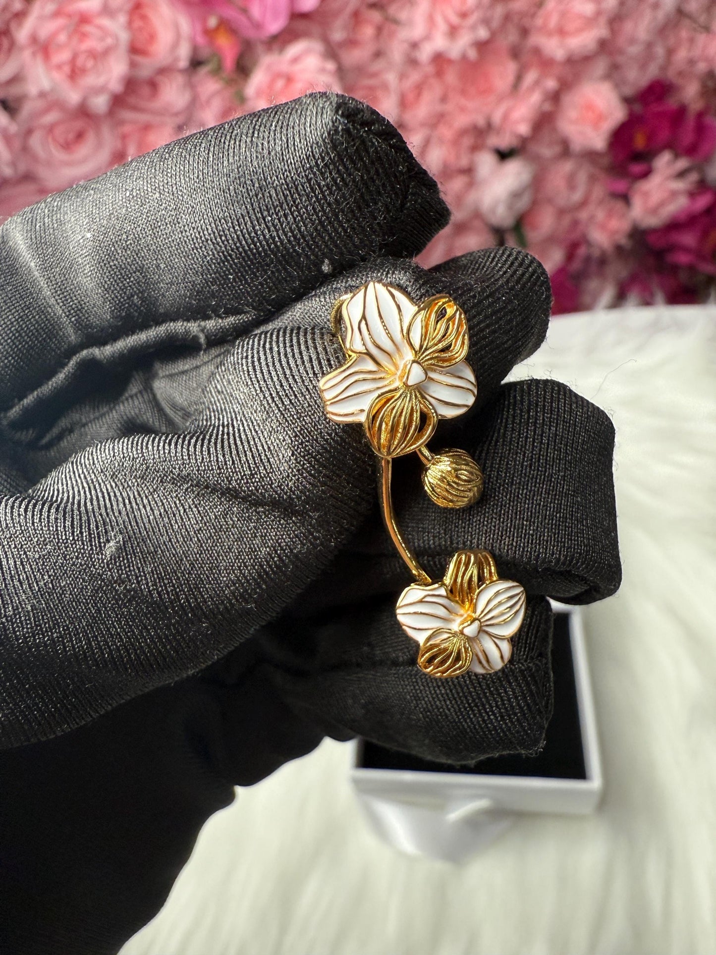 White Vanda Orchid Climber Earrings, Sterling Silver Ear Crawlers, Floral Vine Jewelry