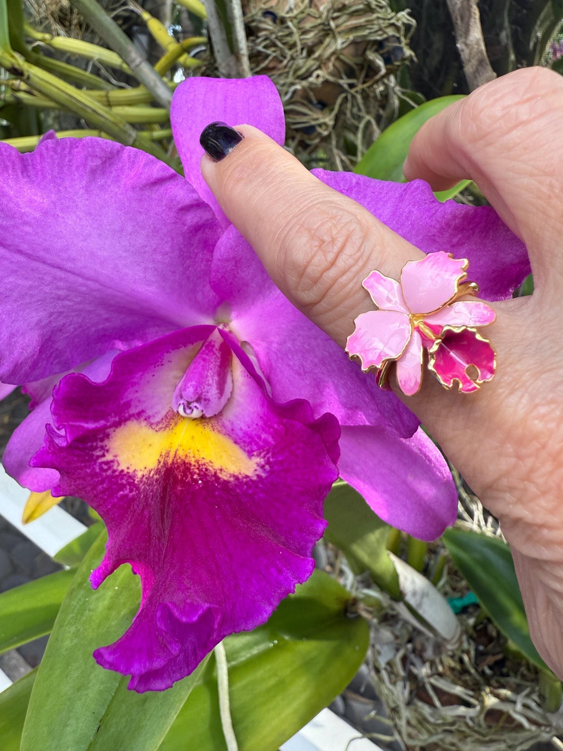 Pink Splash Cattleya Orchid Ring: Two-Tone S925 Sterling Silver