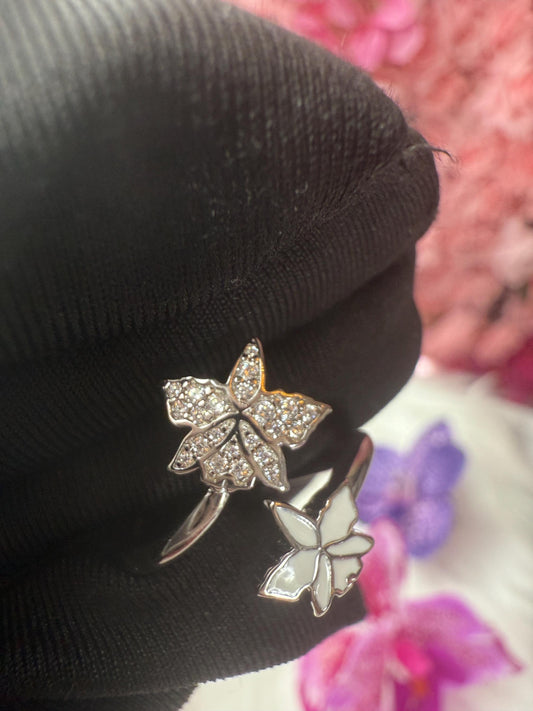Orchid White Bloom Double Ring • White Gold Plated Unique Flower Jewelry • Gift for her
