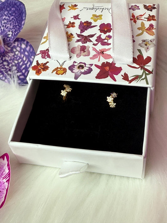 Mini Orchid Flower Hoop Earrings, Gold Plated Huggie Hoops, Dainty Floral Cluster, Cubic Zirconia Lavender Pink Jewelry