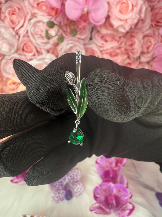 Cattleya Orchid Dangle Earrings • Two-Tone Gold & Silver • Green Gemstone Drop • Joyeria de Orquídeas