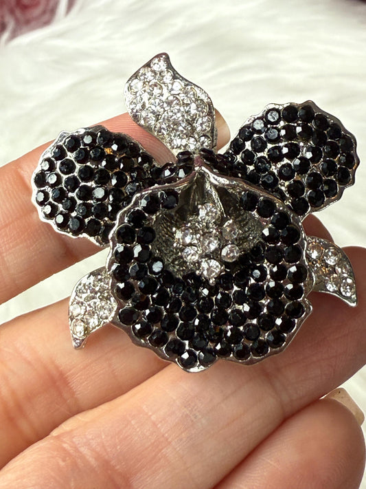 Orchid Hair Clip with Rhinestones Black