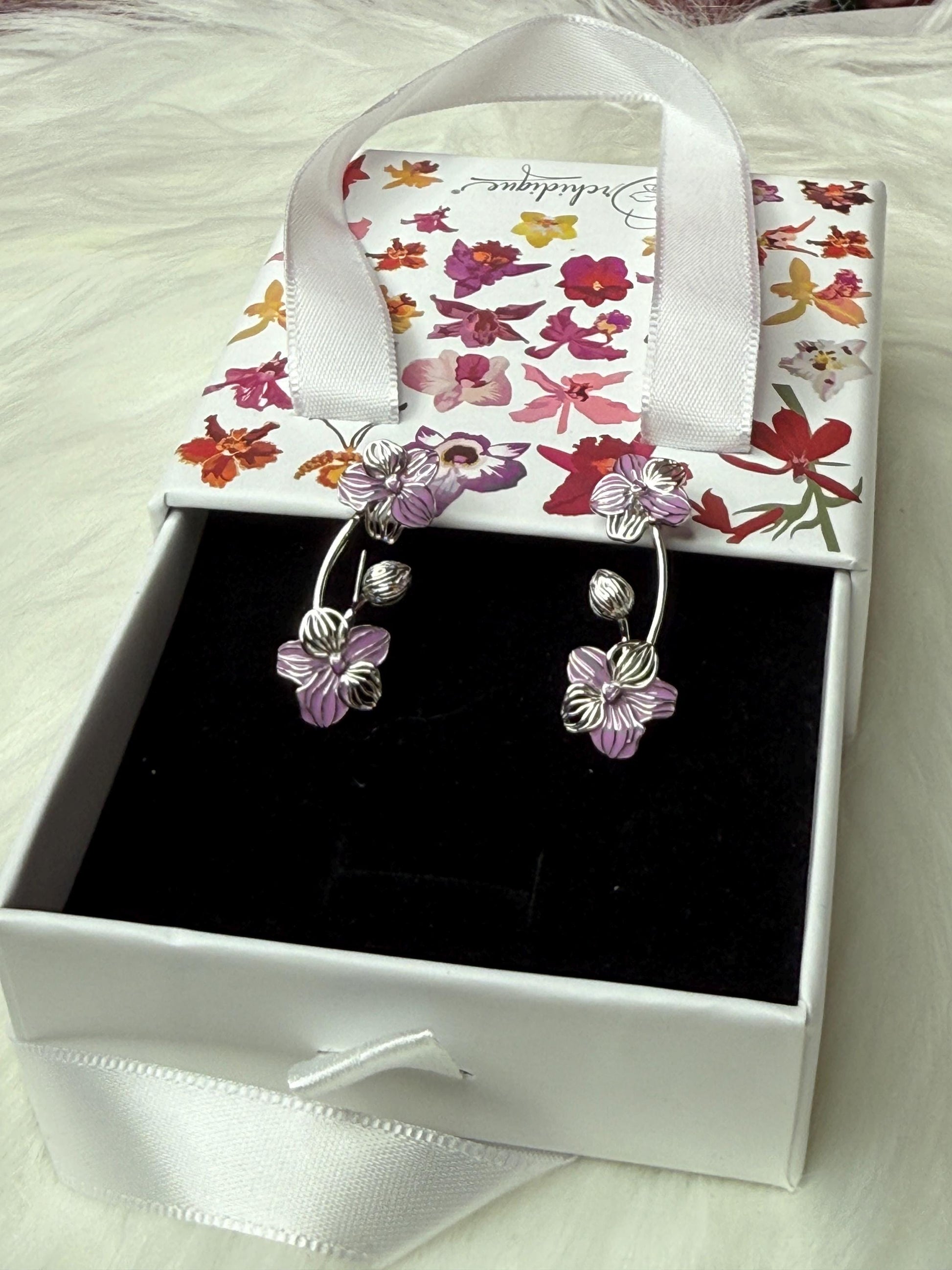 Purple Vanda Orchid Climber Earrings, Sterling Silver Ear Crawlers, Floral Vine Jewelry
