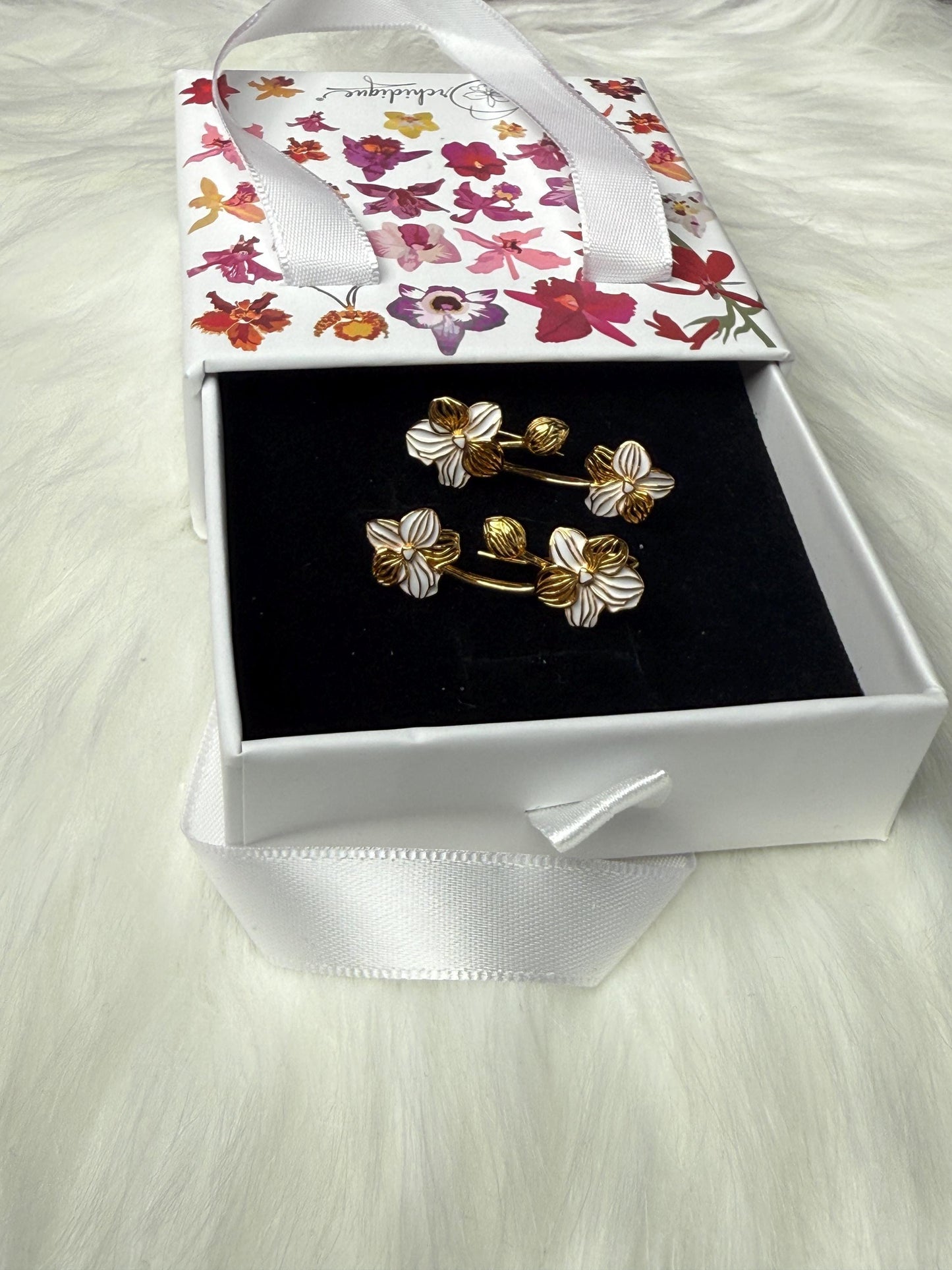 White Vanda Orchid Climber Earrings, Sterling Silver Ear Crawlers, Floral Vine Jewelry