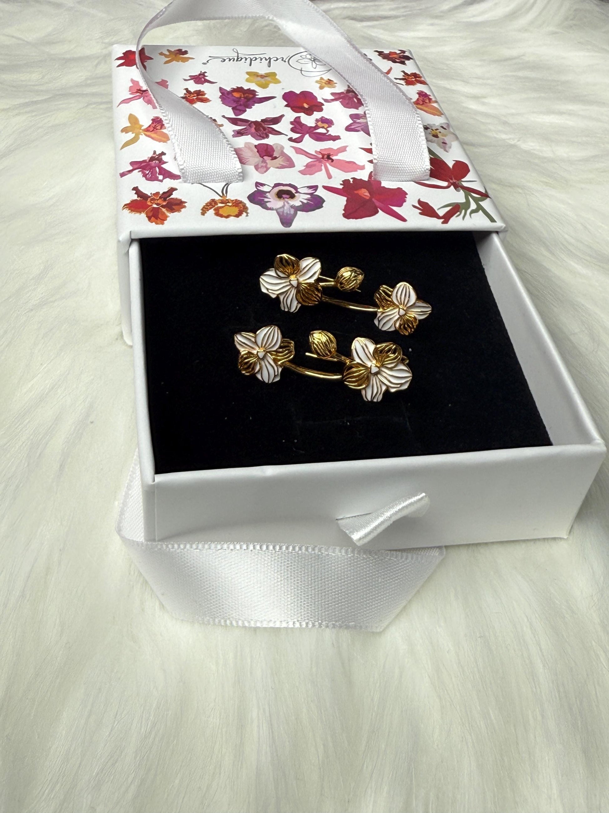 White Vanda Orchid Climber Earrings, Sterling Silver Ear Crawlers, Floral Vine Jewelry