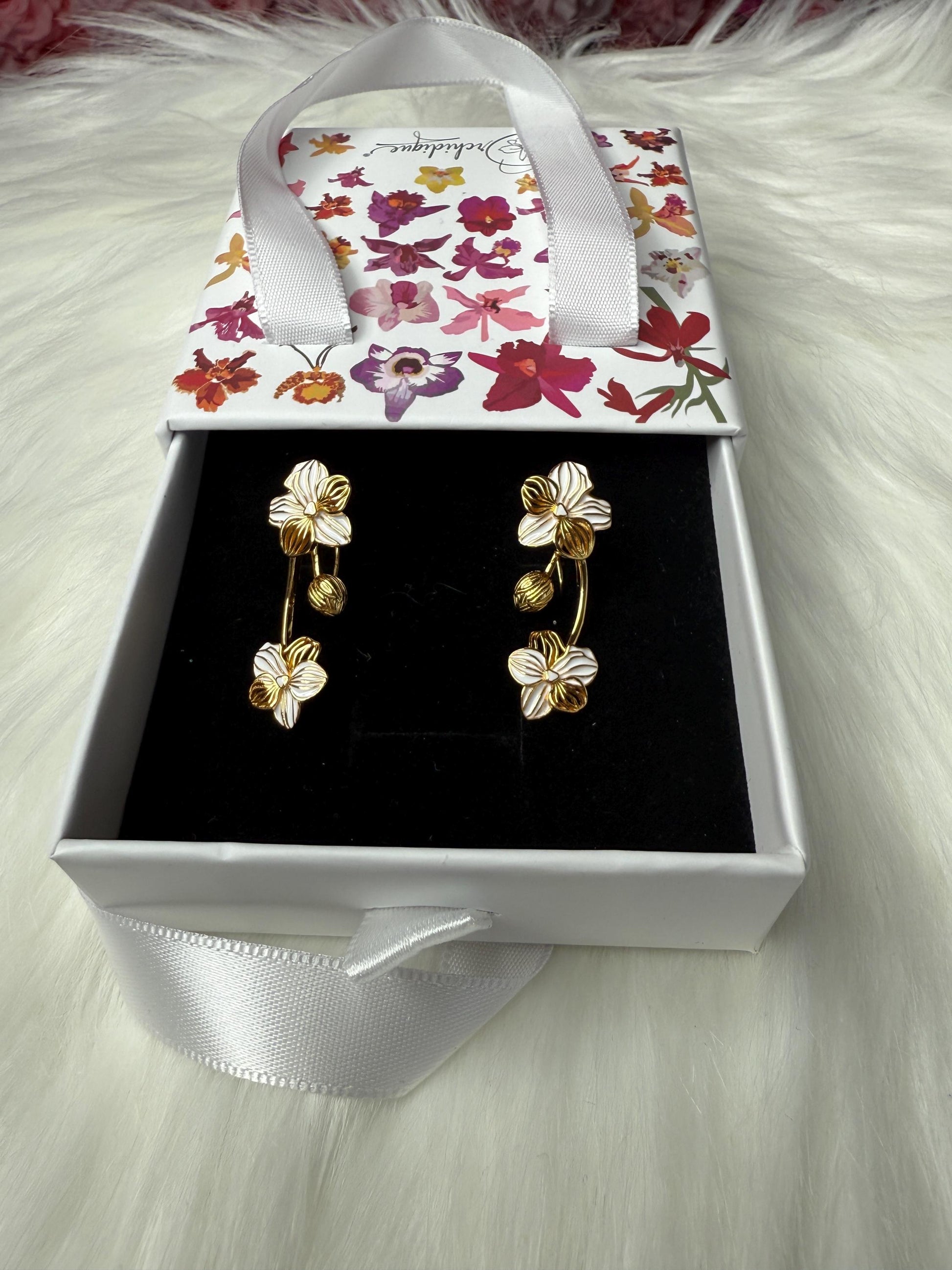 White Vanda Orchid Climber Earrings, Sterling Silver Ear Crawlers, Floral Vine Jewelry