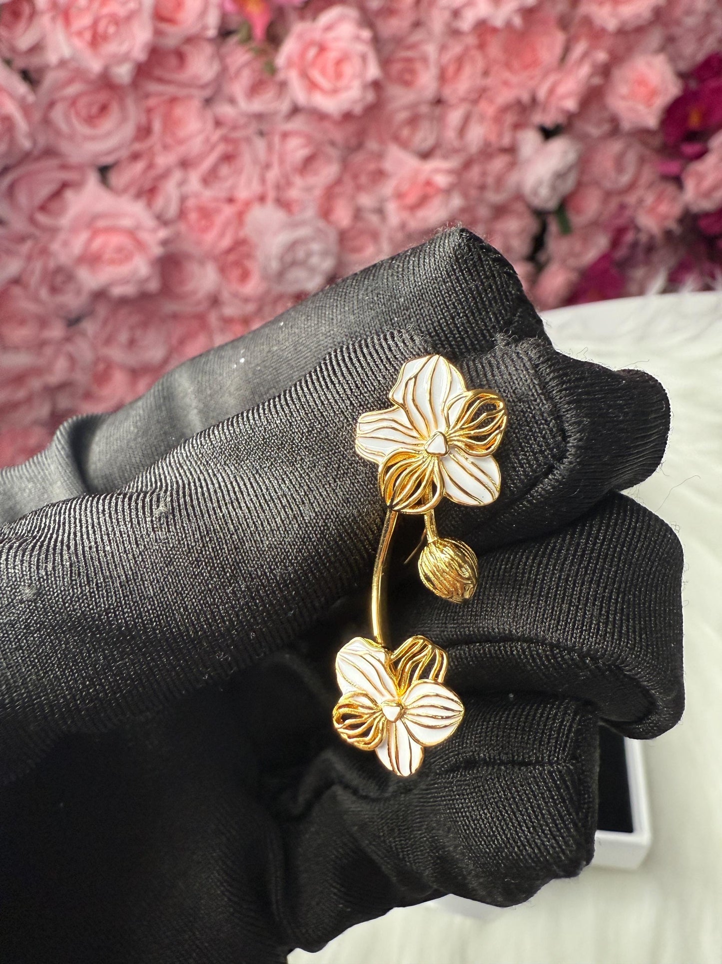White Vanda Orchid Climber Earrings, Sterling Silver Ear Crawlers, Floral Vine Jewelry