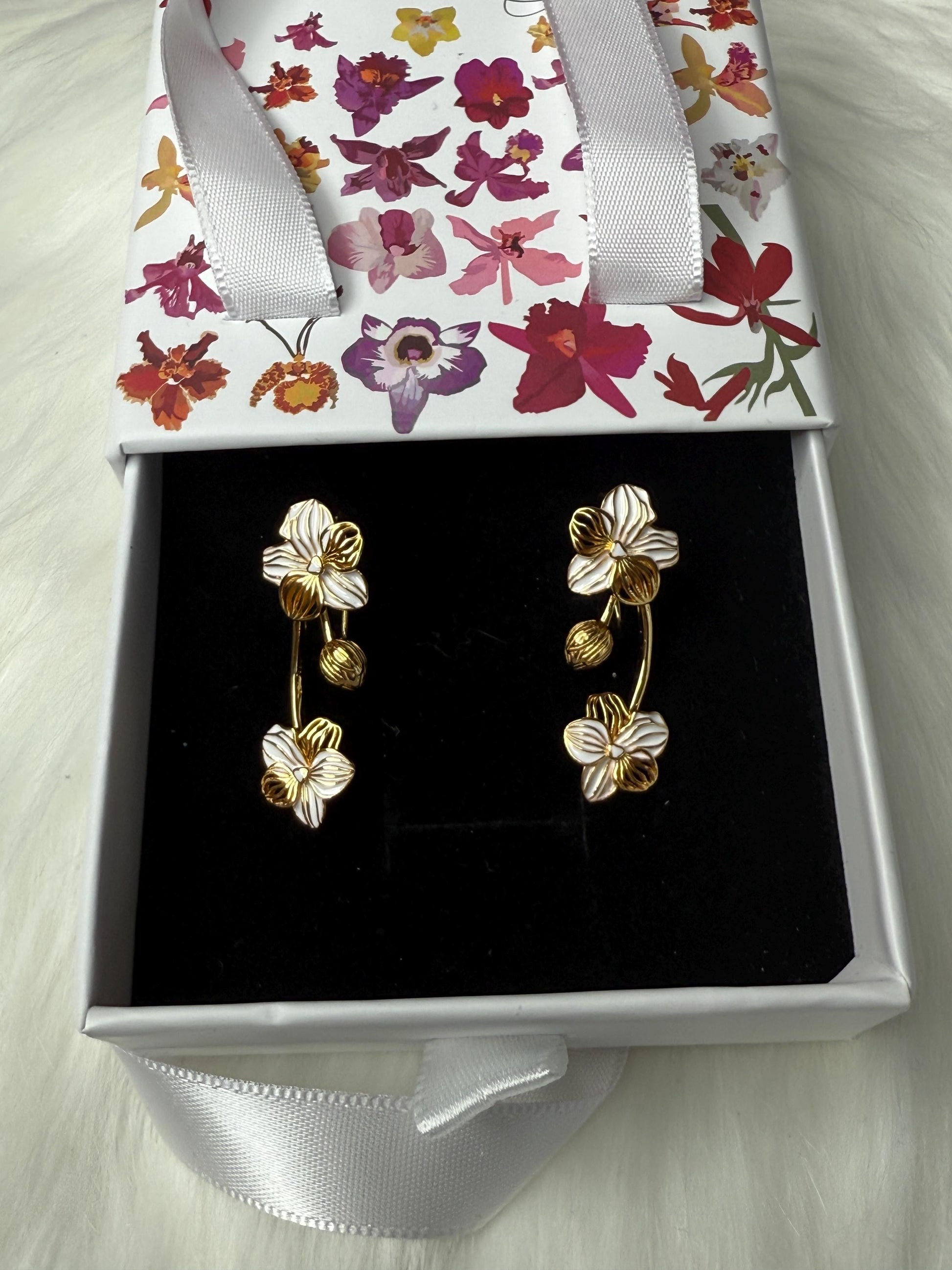 White Vanda Orchid Climber Earrings, Sterling Silver Ear Crawlers, Floral Vine Jewelry