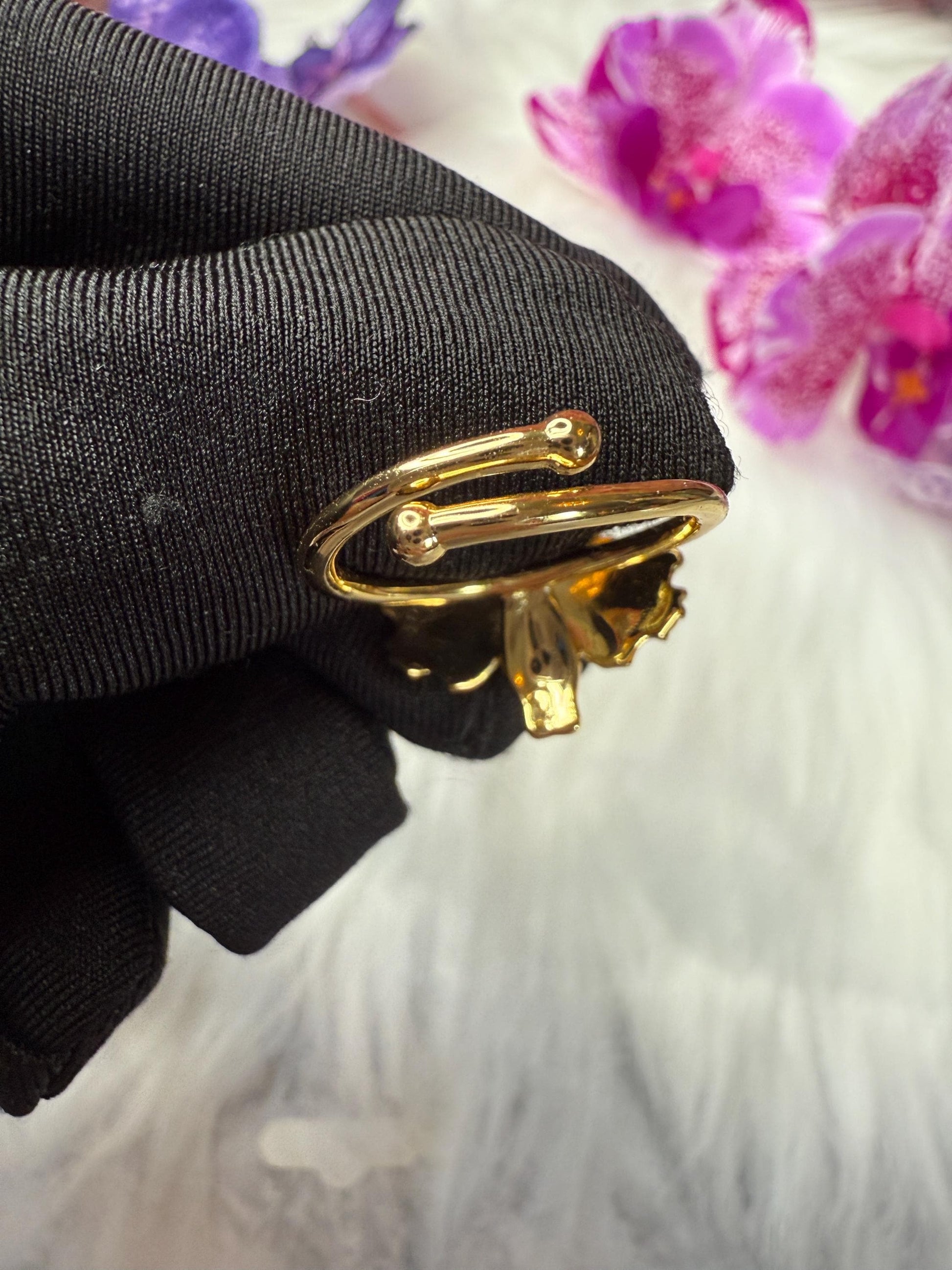 Pink Splash Cattleya Orchid Ring: Two-Tone S925 Sterling Silver