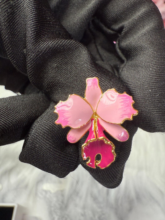 Pink Splash Cattleya Orchid Ring: Two-Tone S925 Sterling Silver