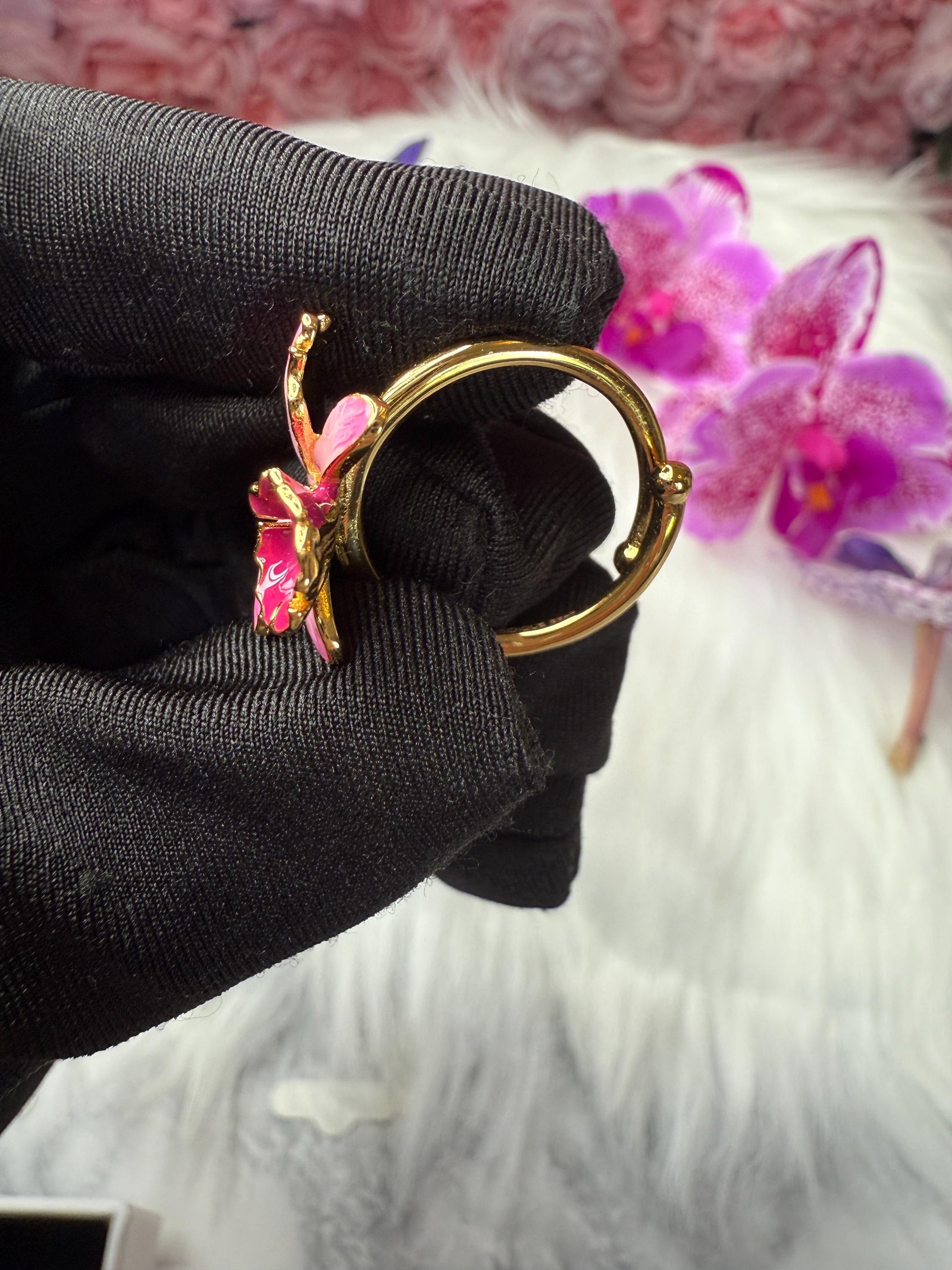 Pink Splash Cattleya Orchid Ring: Two-Tone S925 Sterling Silver