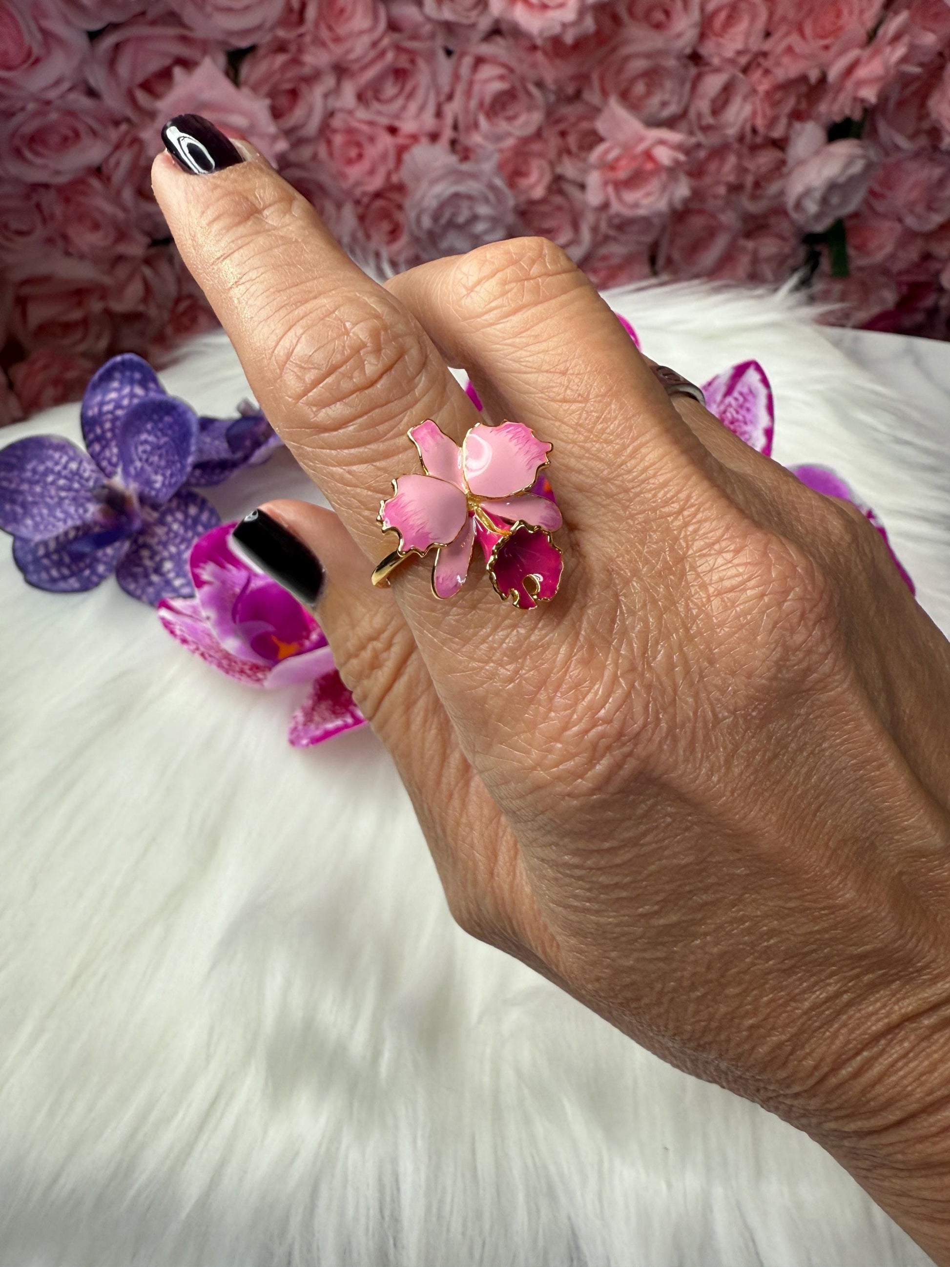 Pink Splash Cattleya Orchid Ring: Two-Tone S925 Sterling Silver