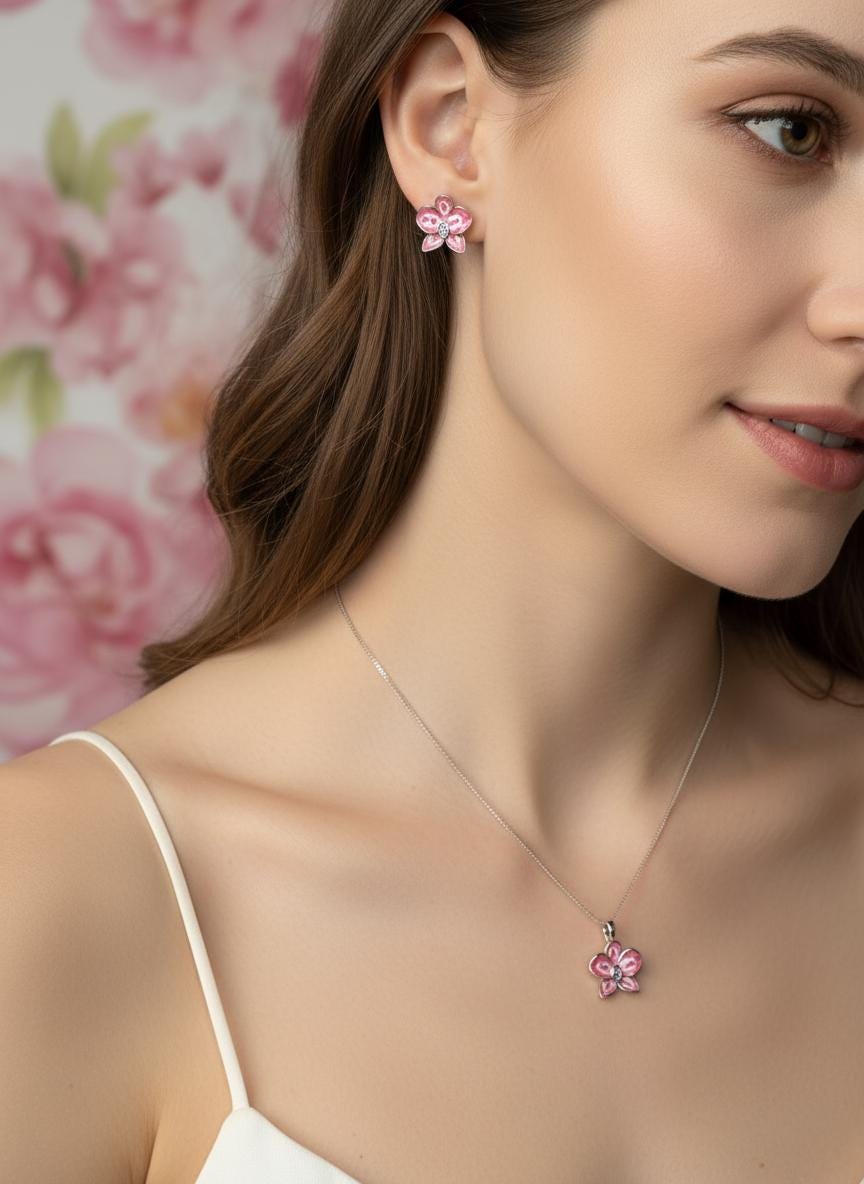 Color Burst Phal Collection: Pink Splash Oval Phalaenopsis Orchid Jewelry Set