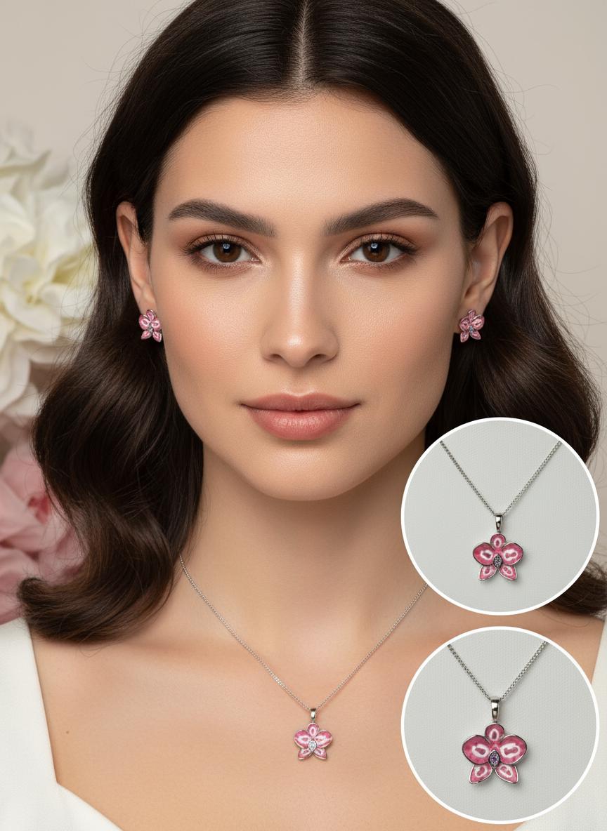 Color Burst Phal Collection: Pink Splash Oval Phalaenopsis Orchid Jewelry Set
