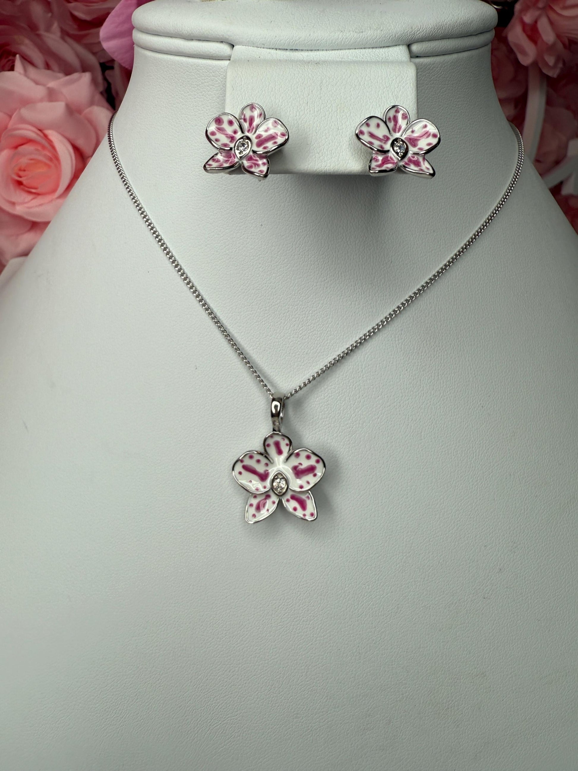 Color Burst Phal Collection: White and Pink Splash Oval Phalaenopsis Orchid Jewelry Set