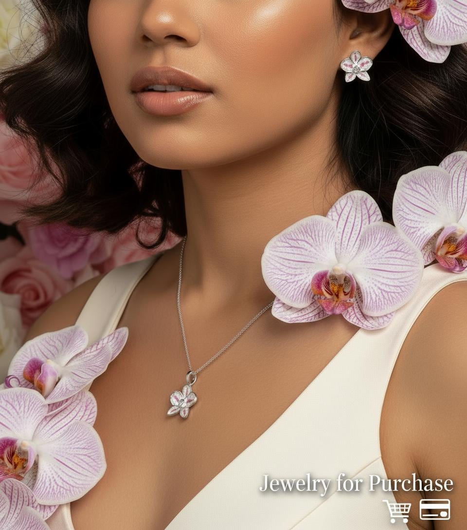 Color Burst Phal Collection: White and Pink Splash Oval Phalaenopsis Orchid Jewelry Set