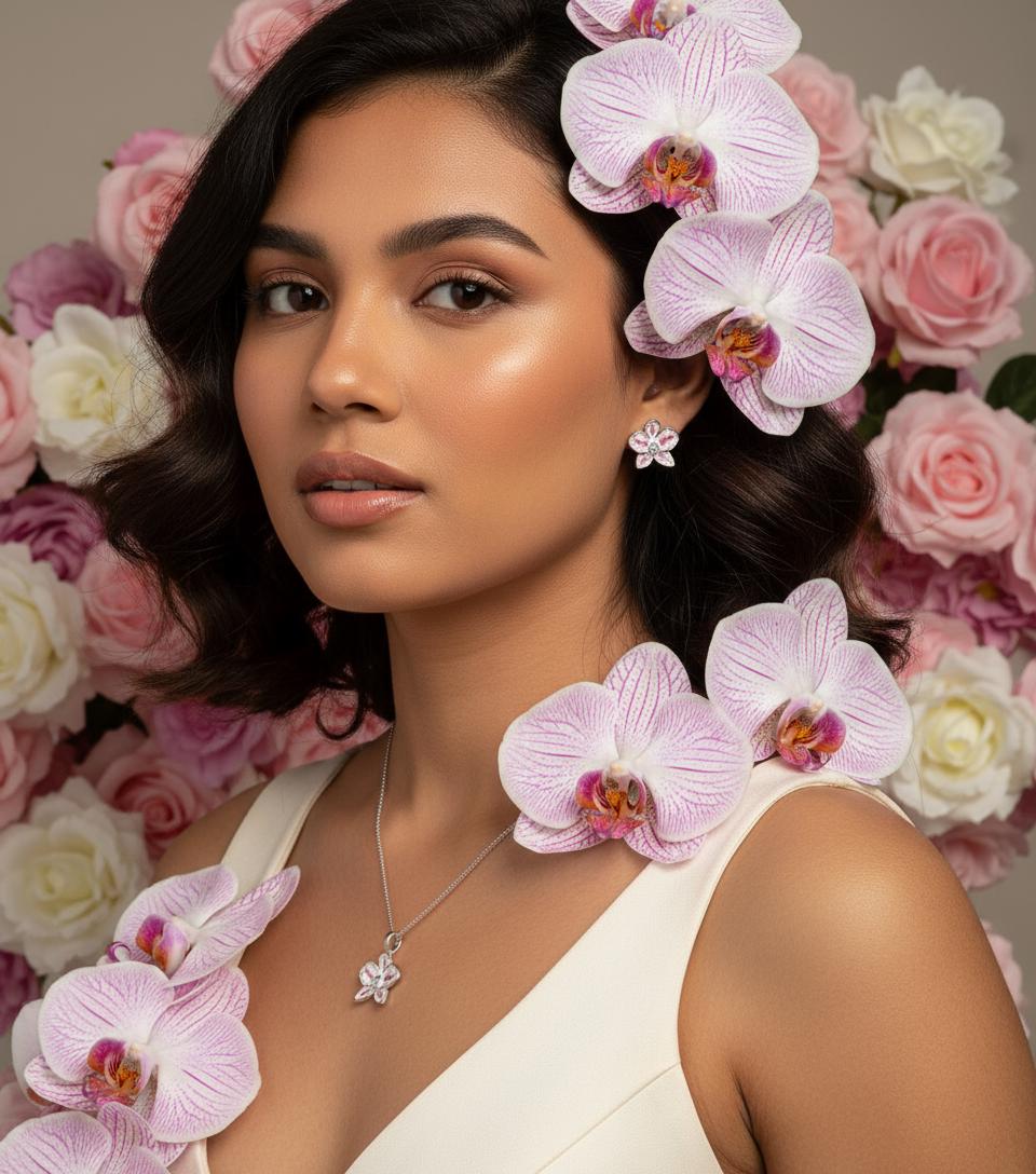 Color Burst Phal Collection: White and Pink Splash Oval Phalaenopsis Orchid Jewelry Set