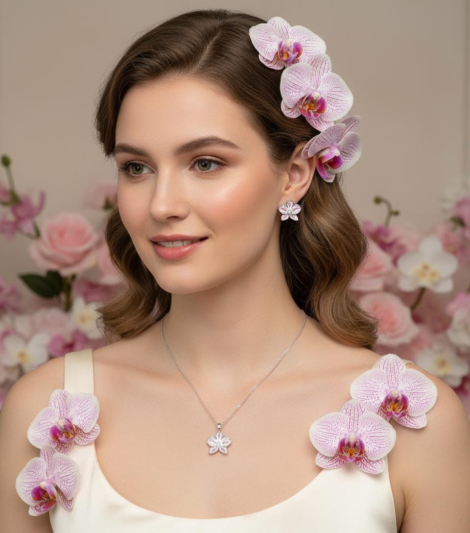 Color Burst Phal Collection: White and Pink Splash Oval Phalaenopsis Orchid Jewelry Set