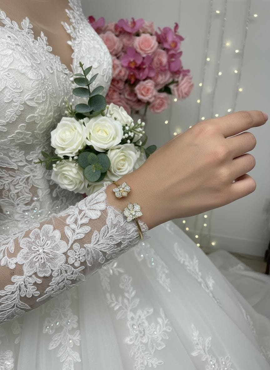 14K Gold Plated Dendrobium Orchid Bangle, Sterling Silver 925 Bracelet, Clear Zircon Flower Jewelry, Adjustable Gold Bangle