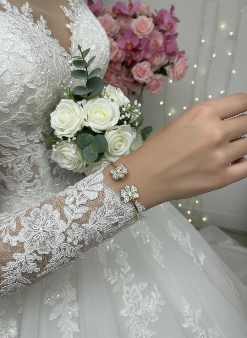 14K Gold Plated Dendrobium Orchid Bangle, Sterling Silver 925 Bracelet, Clear Zircon Flower Jewelry, Adjustable Gold Bangle