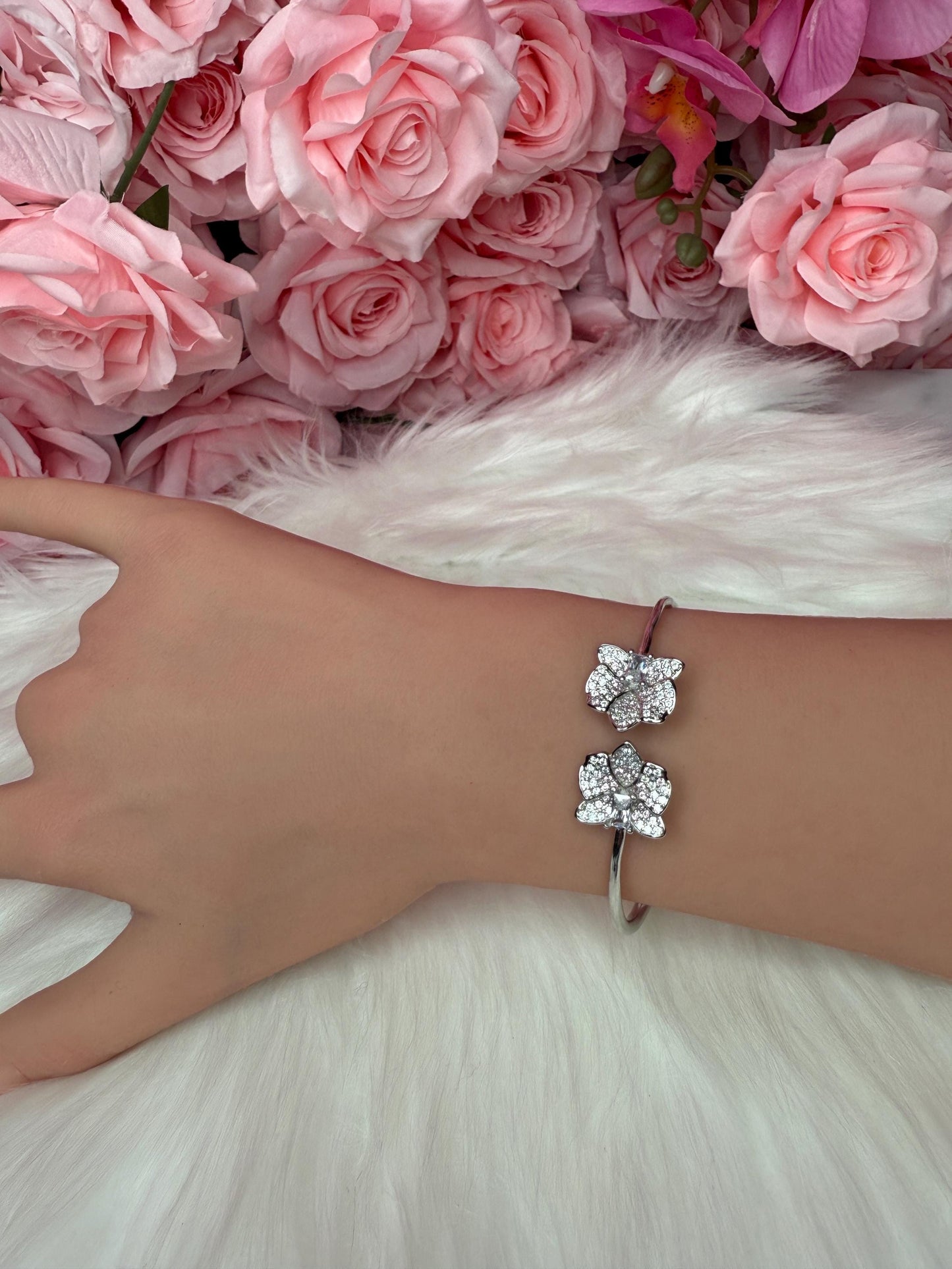 14K White Gold Plated Dendrobium Orchid Bangle, Sterling Silver 925 Bracelet, Clear Zircon Flower Jewelry, Adjustable White Gold Bangle