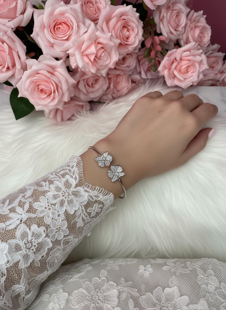 14K White Gold Plated Dendrobium Orchid Bangle, Sterling Silver 925 Bracelet, Clear Zircon Flower Jewelry, Adjustable White Gold Bangle